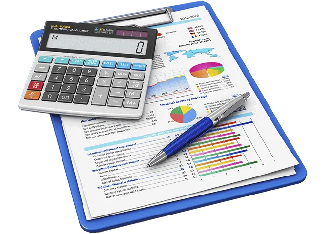 Image displaying a calculator with Datafield Technology Services branding, highlighting 'Cost Estimates & Analysis.' This alt text aligns with the page's context on financial planning and analysis services.