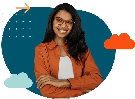 A woman with glasses and an orange shirt, featuring Data Field Technology Services and highlighting their expertise in innovative tech solutions.