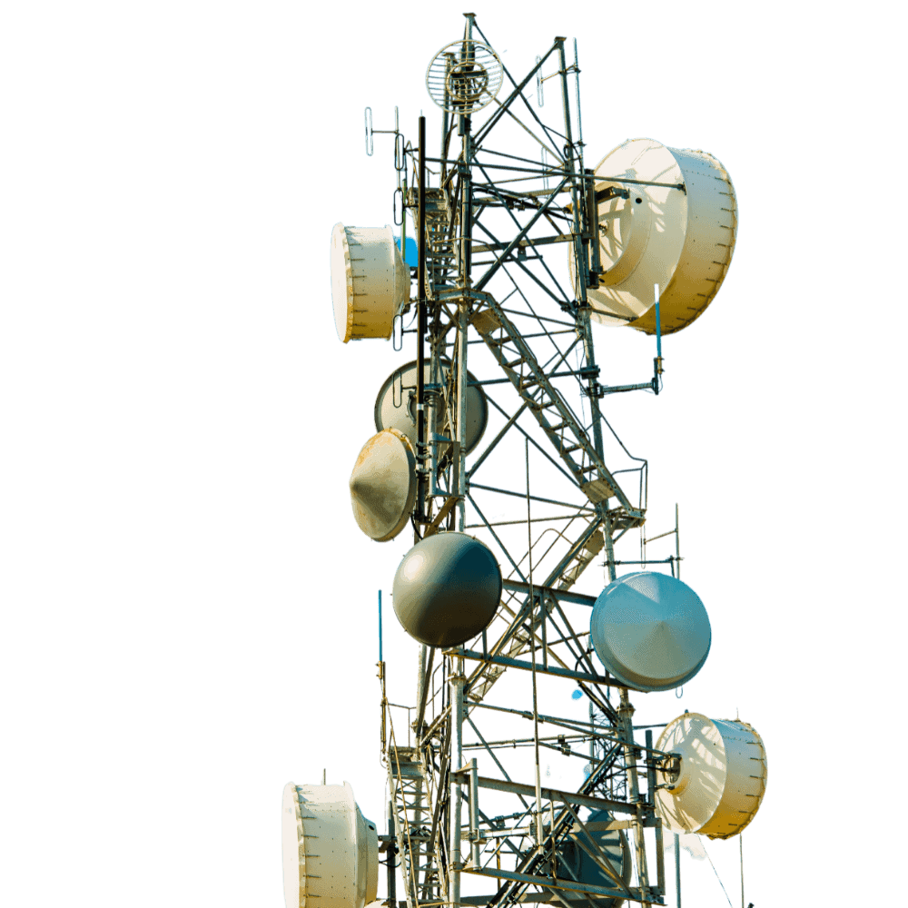 A cell tower with several antennas on top, featuring Data Field Technology Services and highlighting their expertise in innovative tech solutions.