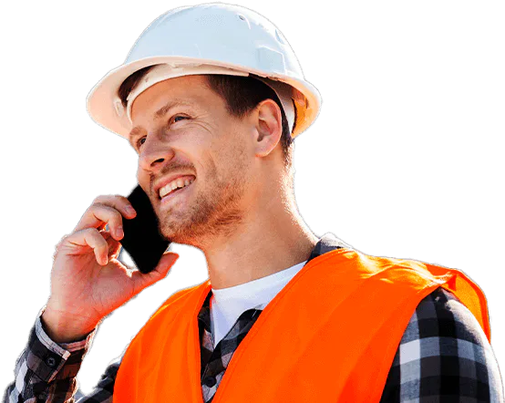 A man in an orange vest talking on a cell phone, featuring Data Field Technology Services and highlighting their expertise in innovative tech solutions.