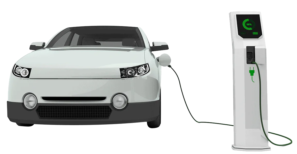 An electric car is plugged into an electric charger, featuring Data Field Technology Services and highlighting their expertise in innovative tech solutions.