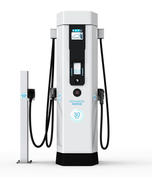 A white electric charging station with two charging cables, featuring Data Field Technology Services and highlighting their expertise in innovative tech solutions.
