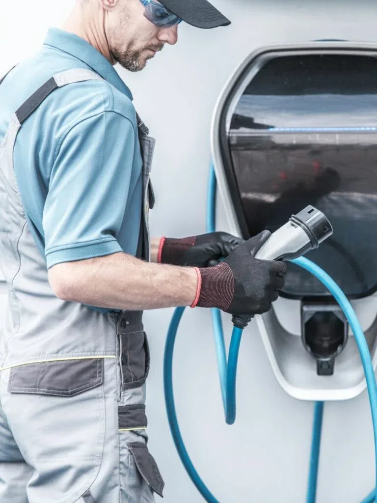 A man in a blue shirt and overalls is filling up an electric car, featuring Data Field Technology Services and highlighting their expertise in innovative tech solutions.