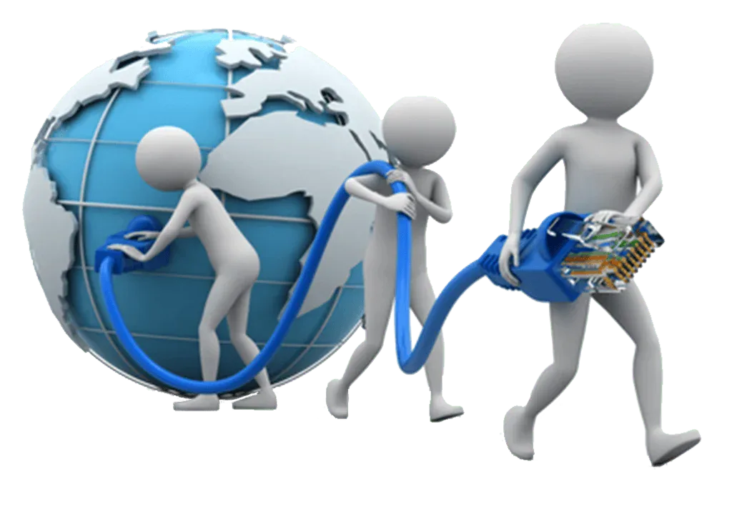 3d people holding a blue cable and a globe, featuring Data Field Technology Services and highlighting their expertise in innovative tech solutions.