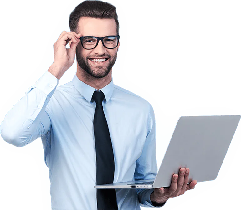A smiling man in glasses holding a laptop, featuring Data Field Technology Services and highlighting their expertise in innovative tech solutions.