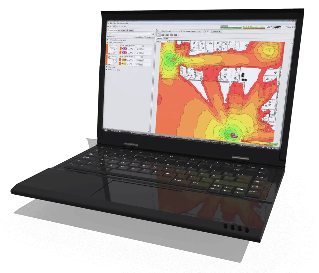 A laptop computer with a thermal image on it, featuring Data Field Technology Services and highlighting their expertise in innovative tech solutions.