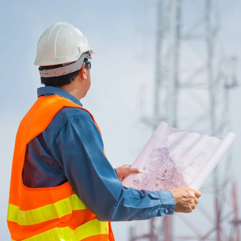 A man in an orange vest holding a blueprint, featuring Data Field Technology Services and highlighting their expertise in innovative tech solutions.