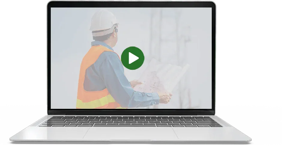 A laptop with a construction worker on it, featuring Data Field Technology Services and highlighting their expertise in innovative tech solutions.