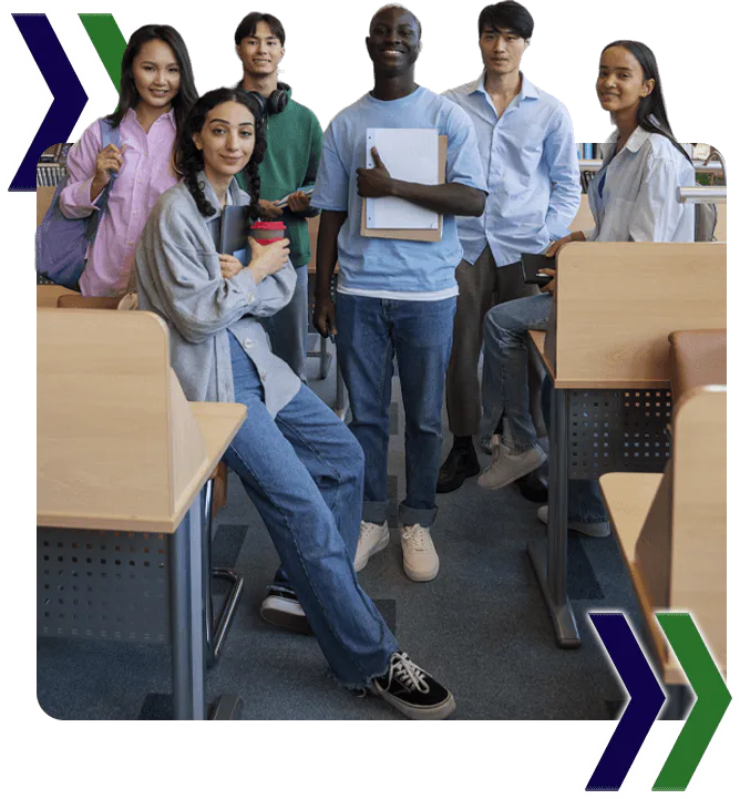 A group of students in a classroom with the words 