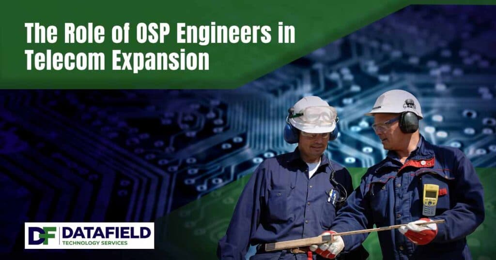 Image of two engineers in front of a computer circuit board, associated with nuclear technology, featuring DataField Technology Services and highlighting the role of OSP engineers in telecom expansion, ensuring alignment with the page's context.