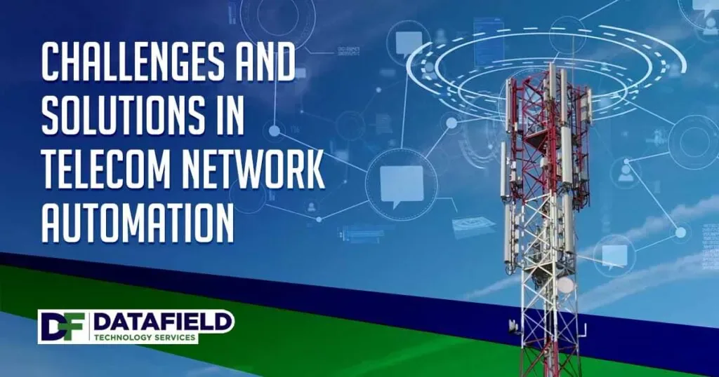 Image of an Internet of Things blockchain concept with 5G telecommunication transmission, featuring Datafield Technology Services, highlighting challenges and solutions in telecom network automation.