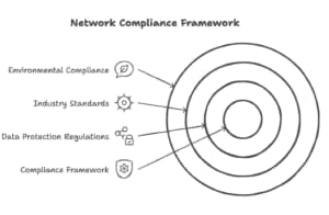 Image depicting a network compliance framework, featuring the Datafield logo and highlighting 'Network Compliance Framework,' aligning with the page's focus on ensuring regulatory adherence and security in network management.