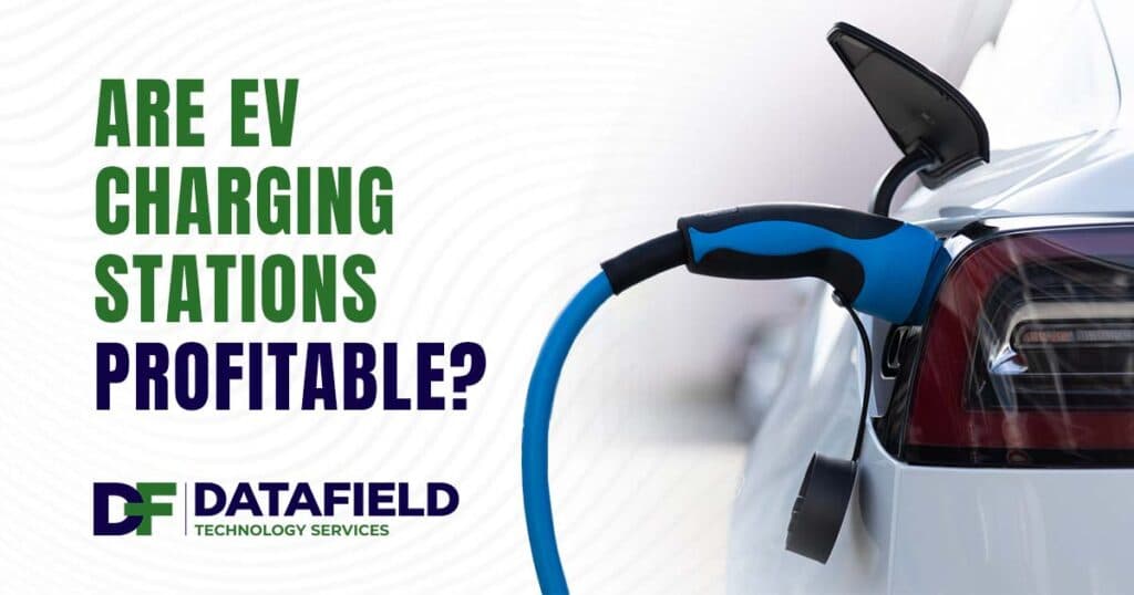 Image of an EV electric car plugged in and charging at a recharge station in the city, featuring the Datafield logo and highlighting 'Are EV Charging Stations Profitable?,' aligning with the page's focus on evaluating the profitability of electric vehicle infrastructure.