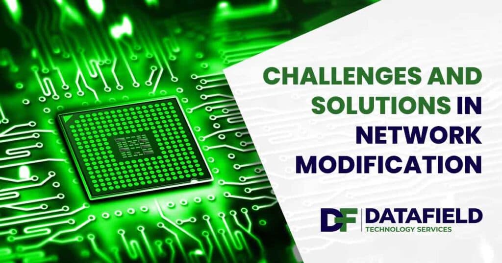 Image of an integrated microchip with intricate circuitry, featuring the Datafield logo and highlighting 'Challenges and Solutions in Network Modification,' aligning with the page's focus on advanced technology insights.