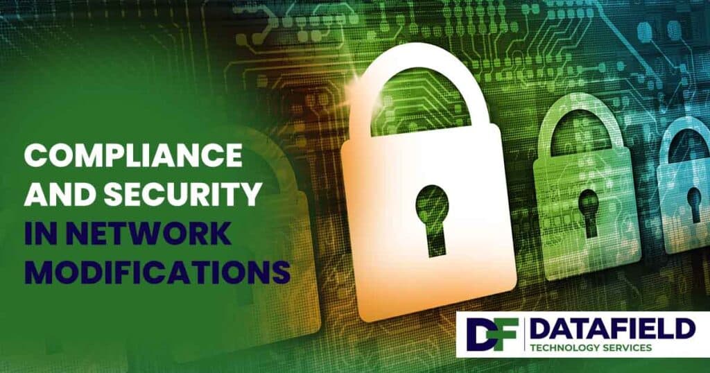 Image depicting an online data security concept with a shield icon and digital network elements, featuring the Datafield logo and highlighting 'Compliance and Security in Network Modifications,' aligning with the page's emphasis on secure and compliant technological solutions.