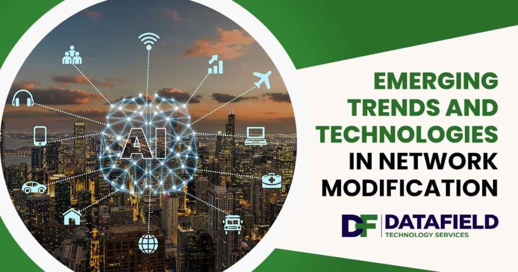 Image showcasing artificial intelligence and Internet of Things technology concepts over a Chicago cityscape, featuring the Datafield logo and highlighting 'Emerging Trends and Technologies in Network Modification,' aligning with the page's focus on innovation in technology.