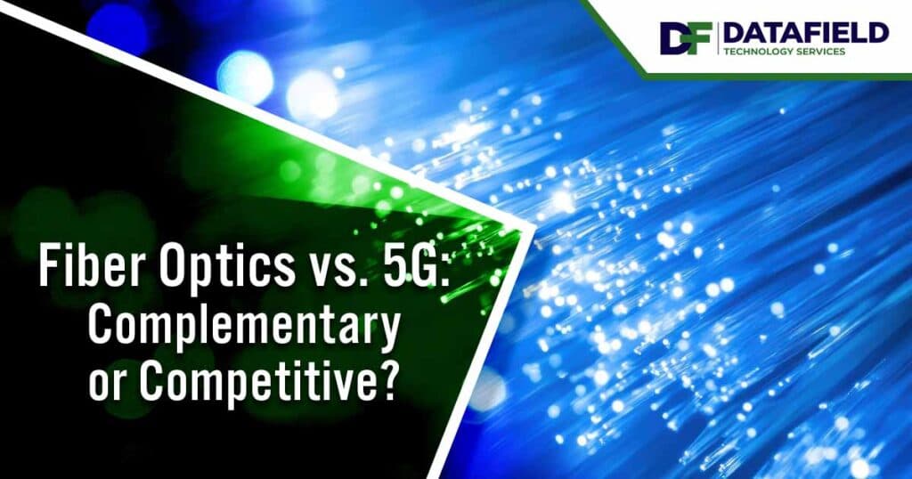 Image of bright blue light beams and shimmering particles, featuring Datafield Technology Services and highlighting Fiber Optics vs. 5G â€“ Complementary or Competitive?, ensuring alignment with the page's context.