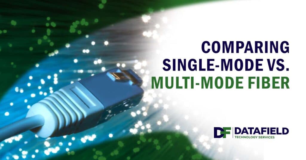 Image of futuristic technological background with a close-up on the end of an optical fiber, featuring Datafield Technology Services and highlighting Comparing Single-Mode vs. Multi-Mode Fiber, ensuring it aligns with the page's context of fiber technology education and network solutions.