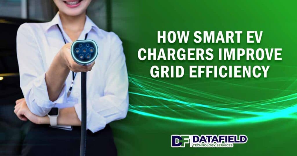 Image of a smiling woman holding an EV charger with a digital interface display, featuring Datafield Technology Services and highlighting how smart EV chargers improve grid efficiency, ensuring it aligns with the page's context.