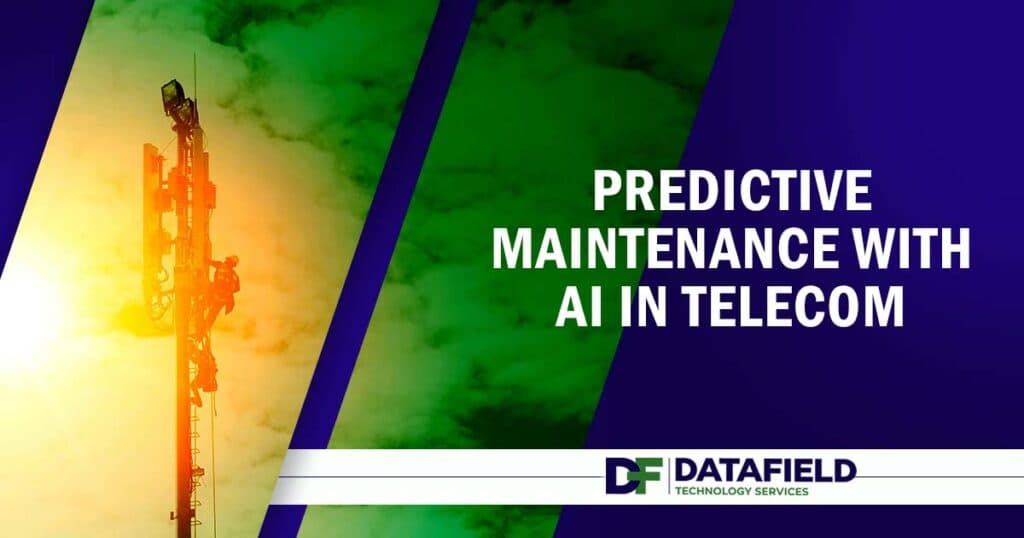 Image of a technician working on a communication tower against a sunset blue sky, featuring Datafield Technology Services and highlighting Predictive Maintenance with AI in Telecom, aligning with the page’s focus on advanced telecom solutions.