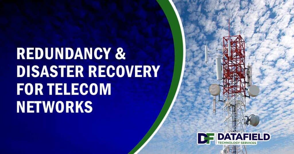 Image of communications tower against a clear sky, featuring Datafield Technology Services and highlighting Redundancy & Disaster Recovery for Telecom Networks, ensuring it aligns with the page's context of telecom reliability and infrastructure resilience.