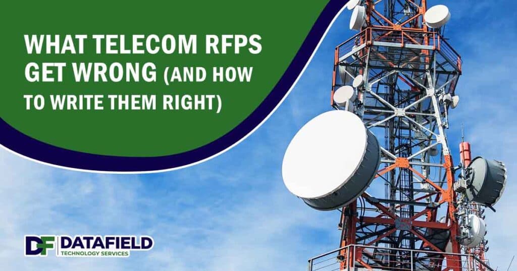 Image of a telecommunication tower against the sky, featuring DataField Technology and highlighting 