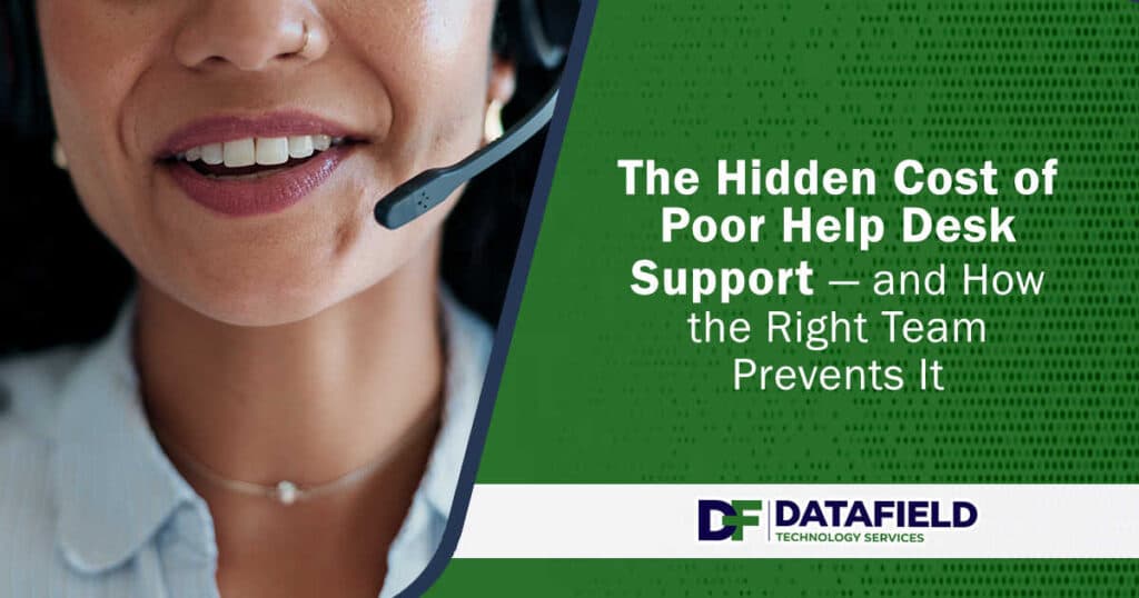 Smiling call center agent wearing a headset, speaking into a microphone while providing advice and customer support at Datafield Technology Services. Highlights the importance of quality help desk support in preventing hidden costs.