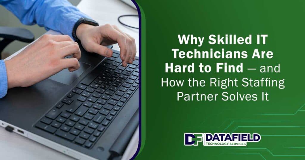 Close-up of a man's hand typing on a laptop keyboard, representing Datafield Technology Services and illustrating the challenge of finding skilled IT technicians and how the right staffing partner can solve it.