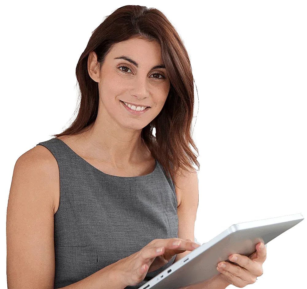 Image of a woman holding a tablet, featuring Datafield Technology Services and highlighting professional website services.