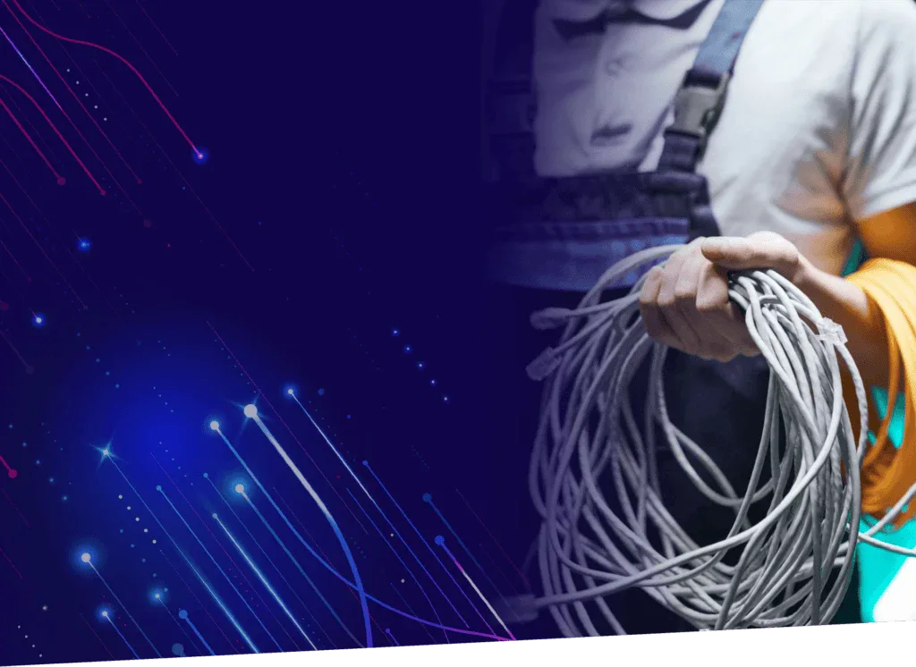 A man holding a bundle of wires and the words, the best network, featuring Data Field Technology Services and highlighting their expertise in innovative tech solutions.