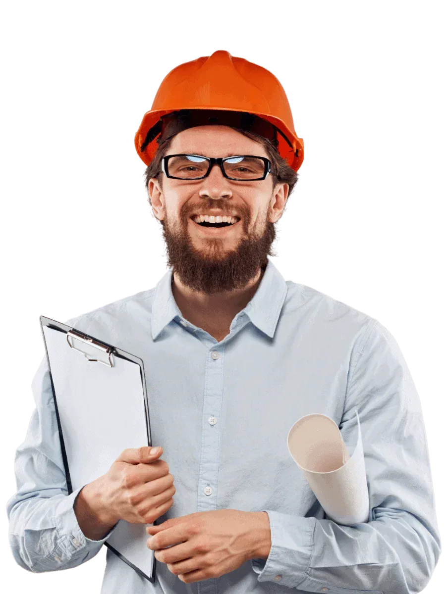 A man in a hard hat and glasses holding a clipboard, featuring Data Field Technology Services and highlighting their expertise in innovative tech solutions.