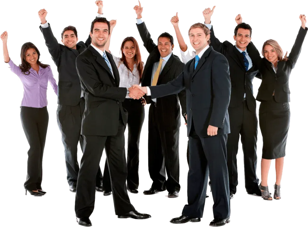 A group of business people shaking hands, featuring Data Field Technology Services and highlighting their expertise in innovative tech solutions.