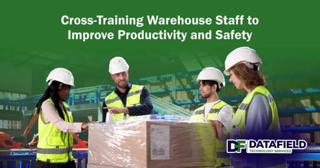 Warehouse staff receiving instructions on efficient pallet wrapping techniques, featuring Datafield Technology Services, illustrating the importance of cross-training warehouse teams to improve productivity and safety.