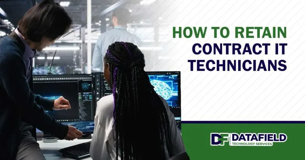 Multiracial technicians in a modern data center reviewing AI diagnostics, featuring Datafield Technology Services, illustrating strategies on how to retain contract IT technicians.