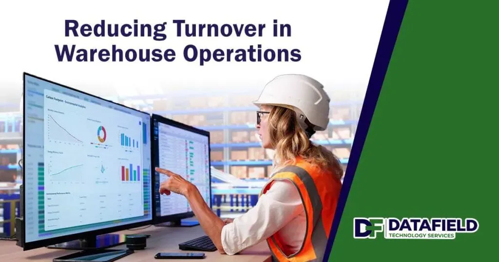 Operations manager overlooking busy warehouse logistics, featuring Datafield Technology Services, illustrating strategies for reducing turnover in warehouse operations and aligning with the page’s context.