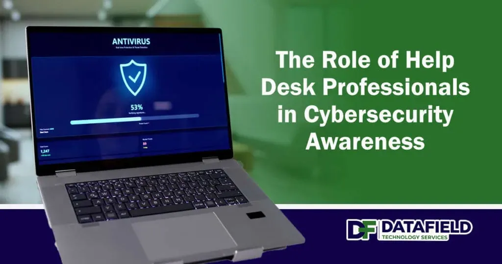 Cybersecurity expert analyzing malware on a computer screen, featuring Datafield Technology Services, illustrating the crucial role of help desk professionals in promoting cybersecurity awareness.